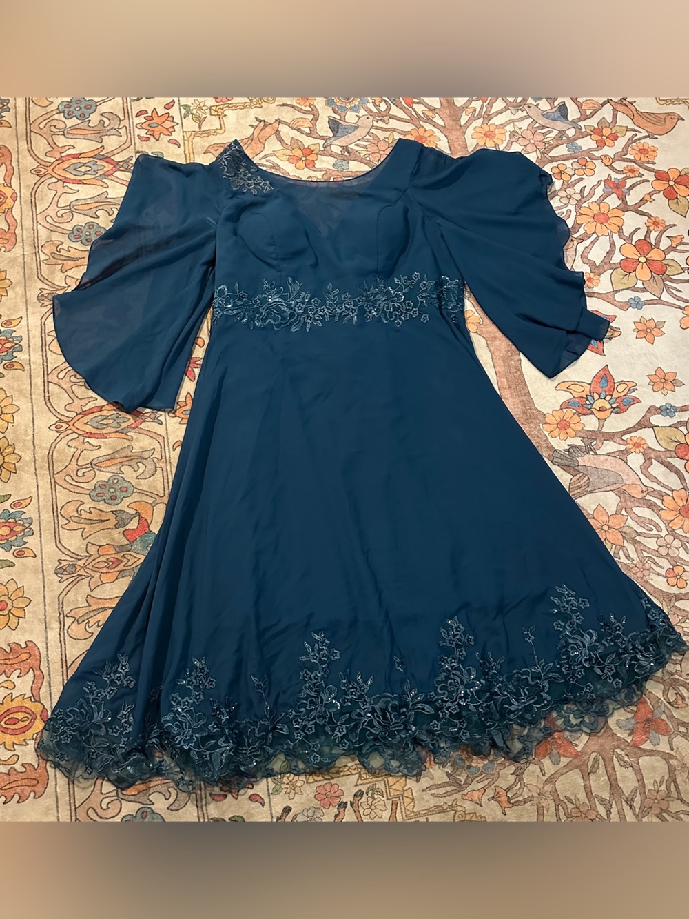 Vintage Teal Embroidered Midi Dress with corset and string